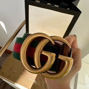 Authentic Gucci GG Marmont Web Belt Canvas and Leather